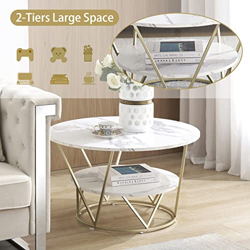 Hitsuki White Gold Coffee Table Round Faux White Marble Coffe Table For Living Room Coffee Tables With Storage Mid Century Modern Center Table Marble Top Tea Table #TOP2