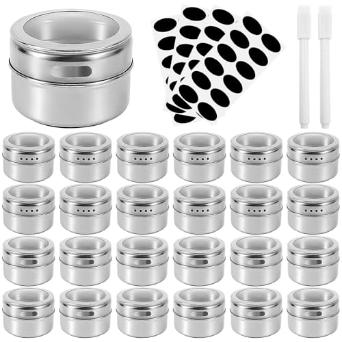 YFNVH 24 Stück Magnetische Gewürzdosen aus Edelstahl, Magnet Gewürz Aufbewahrung Dosen Set mit Transparent Deckel, Etiketten und 2 Marker für Küche, Kühlschrank, Grill