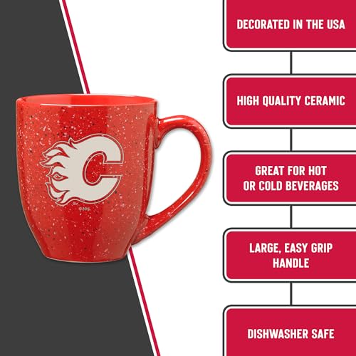 Image of Rico Industries NHL Hockey Calgary Flames Red Personalized 16 oz Team Color Laser Engraved Speckled Ceramic Coffee Mug