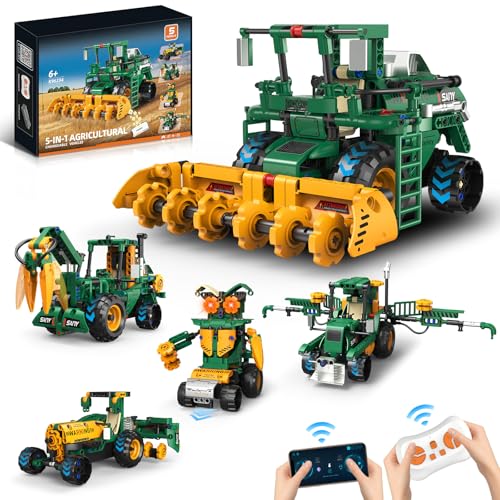kiothdre 5 in 1 STEM Robot Toys Building Kits for Kids Ages 6-14 App & Remote Control Technic Robot Building Set with Harvester/Plowing Cart/Water Truck Programmable RC Robotics Gifts for Kids Boys