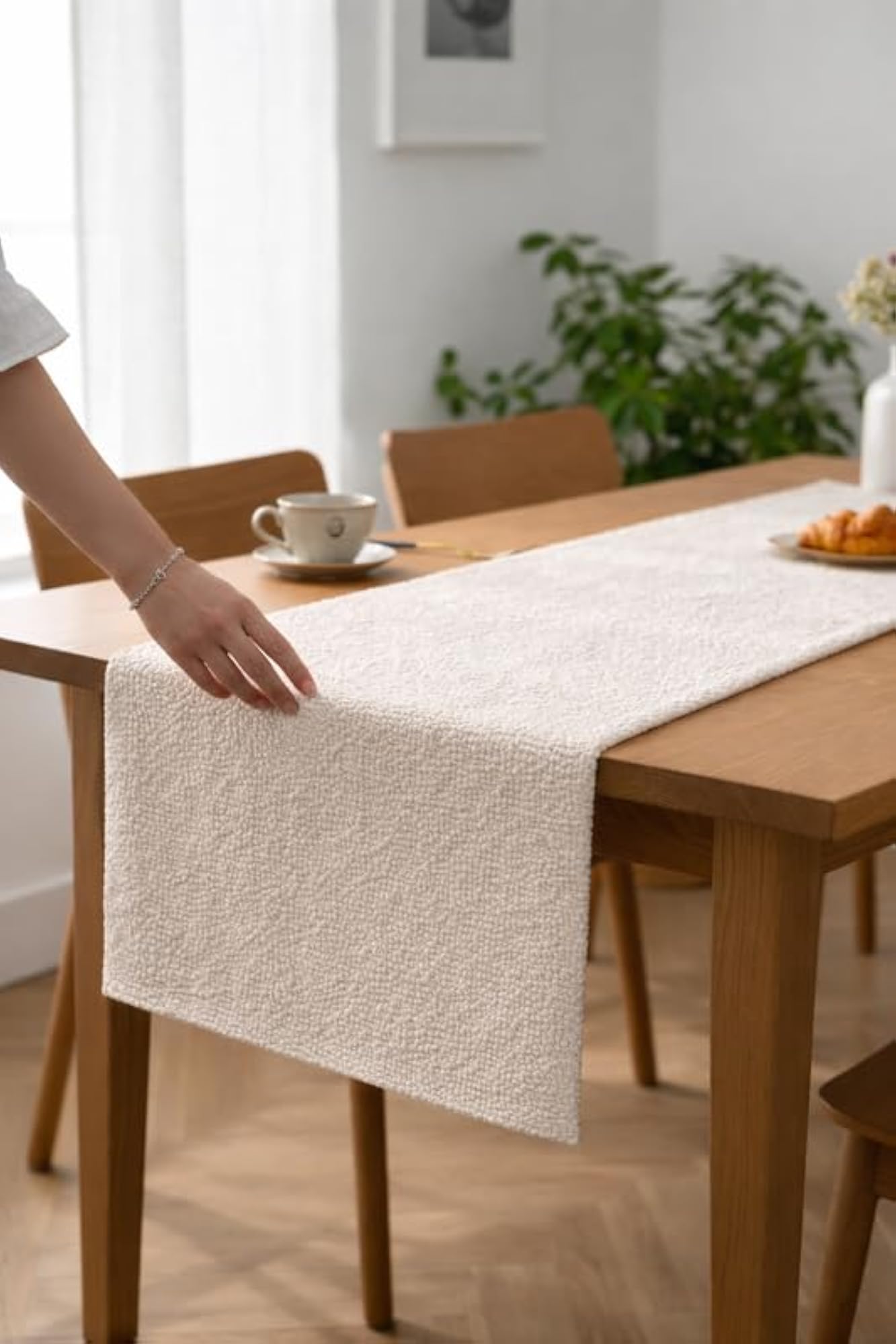 White Boucle Table Runner, 14x132 Inch