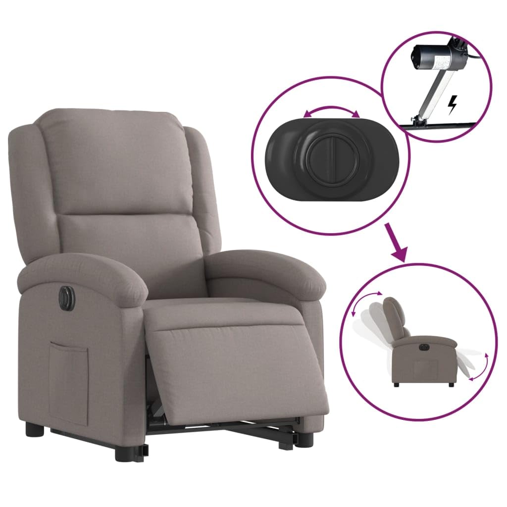 Sillón elevador eléctrico reclinable de tela color pardo con motor para elevación e inclinación automática, respaldo ajustable y reposapiés, estructura estable