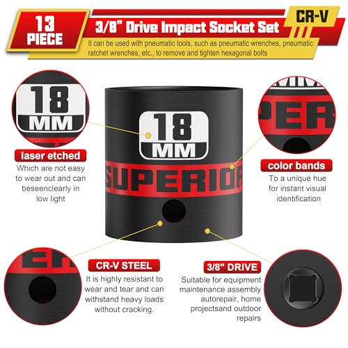 Image of 13 Piece 3 /8 inch Drive Impact Socket Set, 7 mm-19 mm Shallow Socket, Metric, 6 Point, CR-V, Automotive Motorcycle and Bicycle Maintenance, Machinery Manufacturing