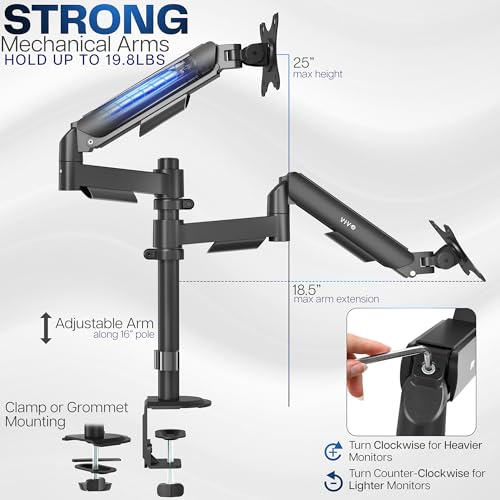 Image of VIVO 17 to 32 inch Dual Mechanical Monitor Mount, 2 Tension Spring Arms, Adjustable Swivel, Rotation, Heavy Duty VESA Desk Stand with C-clamp, Grommet, Max VESA 100x100, Black, STAND-V002K