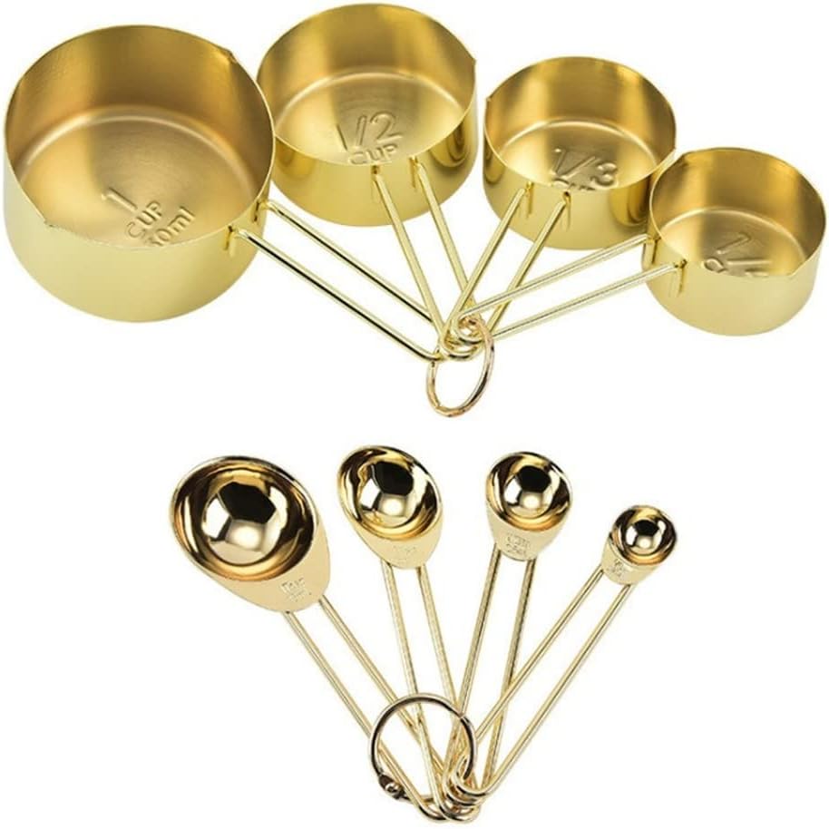 8-Piece Set, Stainless Steel, Measuring Spooand Measuring Cup Set, Baking Tools, Plated Measuring Spoo Kitchenware (Gold)
