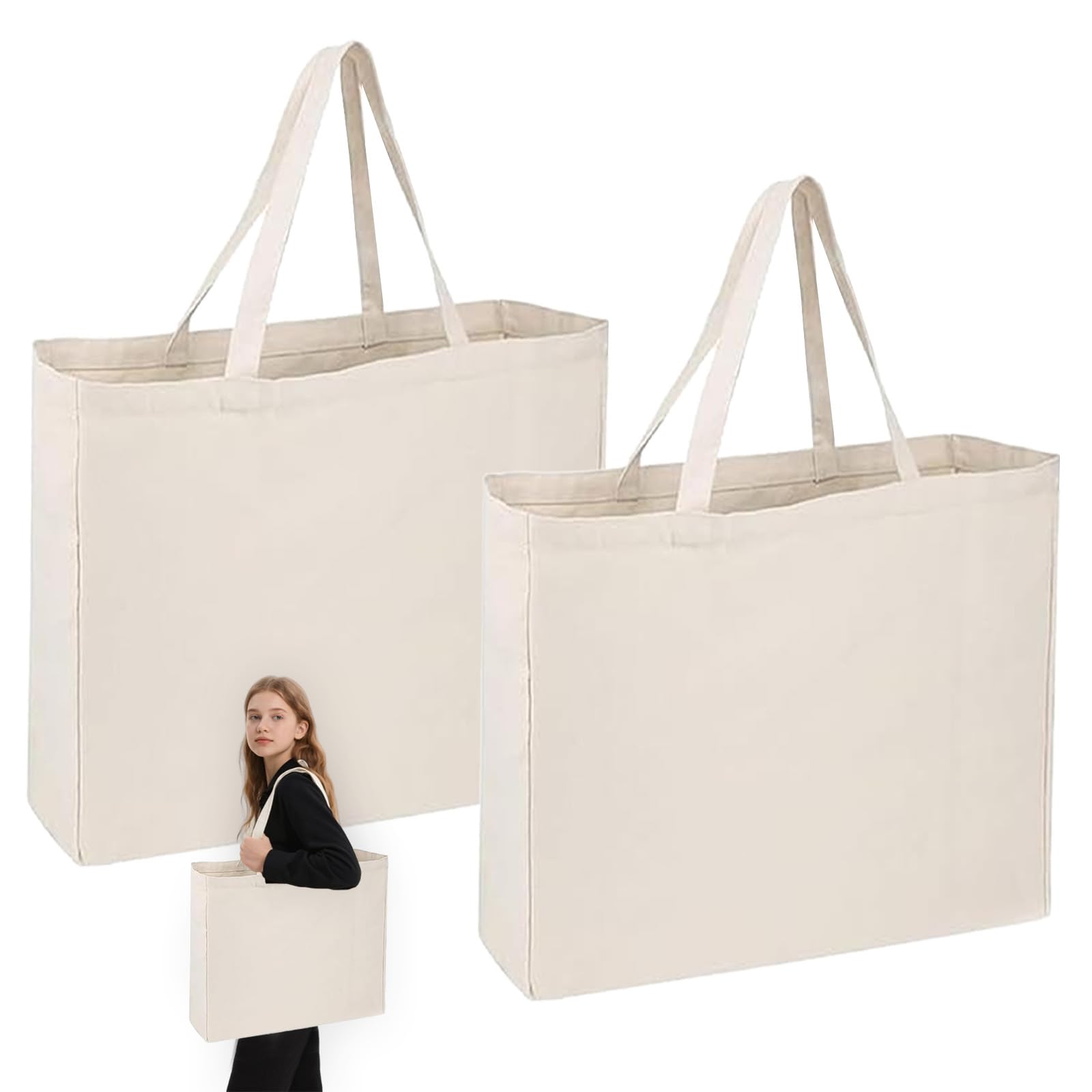 Coztie Baumwolltasche, 2 Stück Groß Einkaufstasche 45 x 45 cm Baumwollbeutel Stoffbeutel, Jutebeutel, Stoffbeutel Unbedruckt für Wäsche Sport Shopping Wiederverwendbare Jutebeutel Unbedruckte