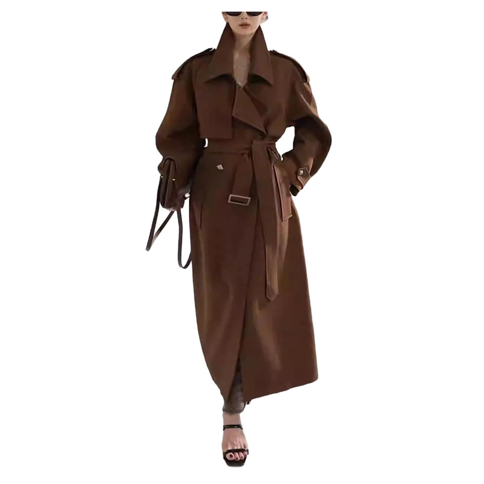 Womens Classic Trench Coat Long Double Breasted Winter Overcoat With Belt Stylish Lapel Windbreaker Jacket