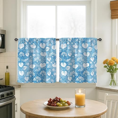Rideaux de cuisine contemporains et fantaisistes avec motif de cœurs, tourbillons de fleurs bleues printanières, rideaux de cuisine pour fenêtre, buanderie,...