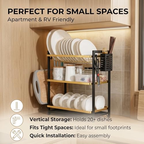 Image of COMFYHOME Dish Drying Rack, 3-Tier Wrought Iron Space-Saving Kitchen Dish Drainer with Drainboard & Utensil Holders, Rustproof Counter Organizer for Plates, Utensils, Bartan