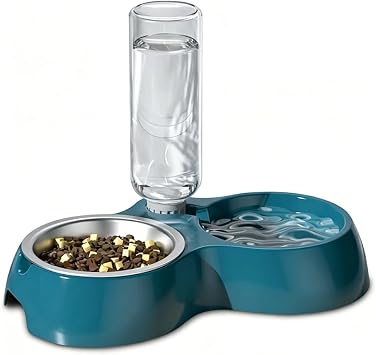 Dog Bowls, Puppy Cat Food and Water Bowl Set with Water Dispenser and Stainless Steel Bowl Non-Slip Mat, Detachable Gravity Pet Feeder and Waterer Set for Cats Dogs Puppy Rabbit Dark Blue