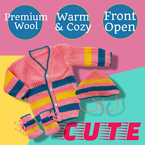 Image of little PANDA Unisex Baby Sweater Woollen Knitted Full Sleeves Sweater with Cap and Booties Set Woolen Sweater Baby Boys and Baby Girls