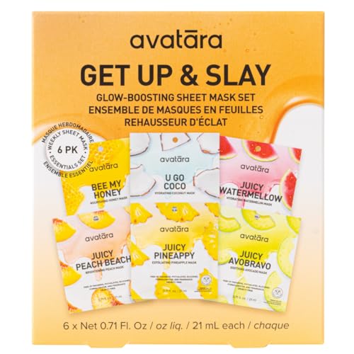Avatara Get up & Slay 6-Pack Sheet Mask Set, Beauty and Skincare Face Masks Collection | Natural Extracts, Hydrating Skin Care Set | All Skin Types | Packaging May Vary