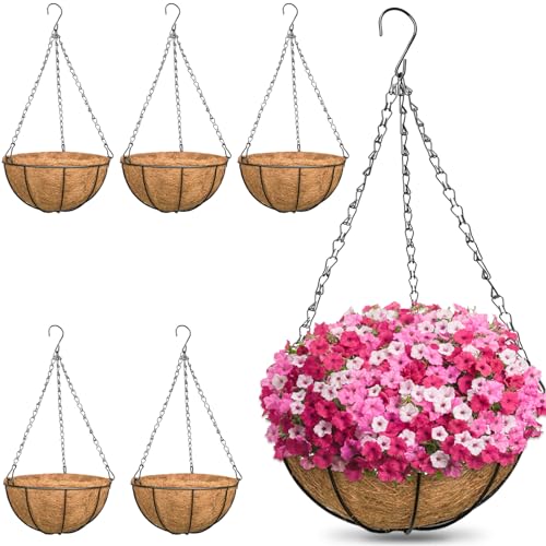 ZeeDix 6 Pack 14 Inch Metal Round Hanging Planter Basket with Coconut Liners Replacement, Hanging...