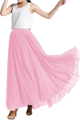 Indian Trendy Womens Chiffon Full Length Elastic Waist Retro Long High Maxi Skirt Summer Beach Vintage Dress Big Hem 360