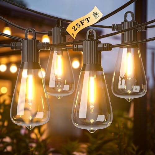 Kawaya Outdoor Patio String Lights: 25 FT LED Outside Patio Light with 12 Shatterproof Vintage Bulbs - 2700K Dimmable IP65 Waterproof Edison Outdoor Lighting for Porch Deck Bistro Cafe Party