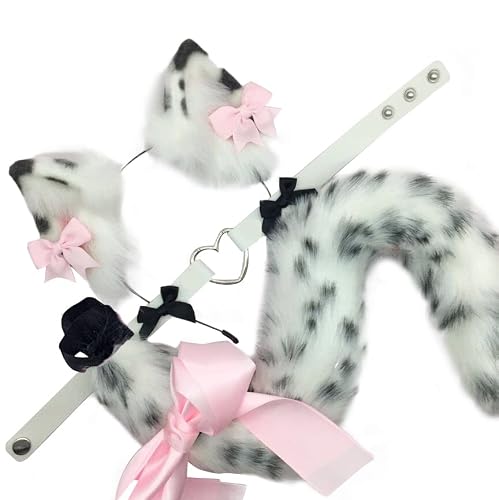 VIGVAN Animal Cosplay Wolf Ears and Fox Cat Ears Raccoon Cosplay Tail (ETC Spots White)