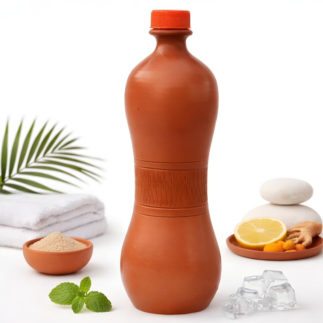 HAYSELL Clay Water Bottle 1 Litre | Natural Terracotta Mitti Bottle for Drinking Water | Chemical & BPA Free | Natural Cooling Earthen Bottle for Home, Office, Yoga & Travel