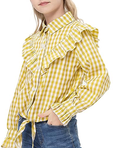 Image of Girls Sleeveless Plaid Button Down Shirt Summer Crop Tops Tie Knot Ruffle Sleeve Shirt Blouse 3-12Y