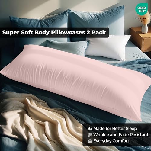 Image of ROYALE LINENS Body Pillow Cover - Double Brushed 1800 Microfiber - 20 inchx54 inch with Hidden Zipper Closure - Wrinkle & Fade Resistant - Super Soft Body Pillowcase 2 Pack (Pink, Pack of 2)