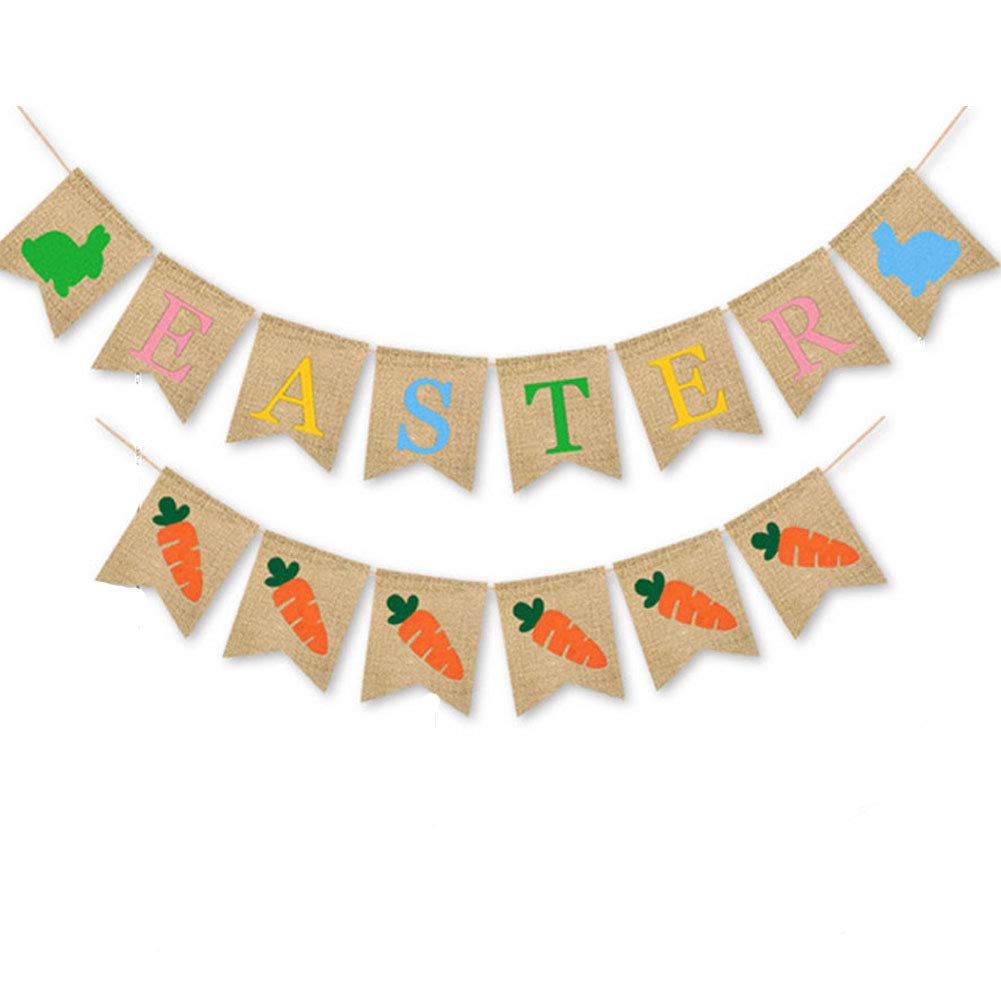 AMAZYJ Easter Burlap Banners Colorful Bunny White Bunny Rabbit Carrot Pattern Various Types Easter Banner Decorations Bunting Banner Easter Decor for Easter
