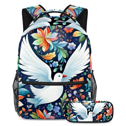 Cartable 2 pièces enfant avec sac à dos et trousse Art Bush avec colombes design original grand