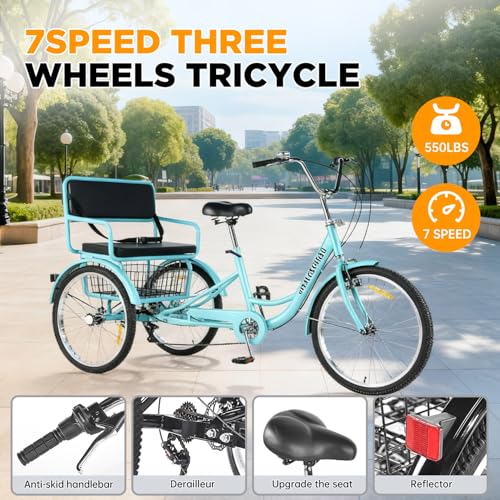 Triciclo para adultos de 24 pulgadas y 7 velocidades para personas mayores y mujeres, bicicleta de tres ruedas con batalla extendida, asiento trasero y canasto de gran capacidad, carga máxima 550 libras miniatura 3