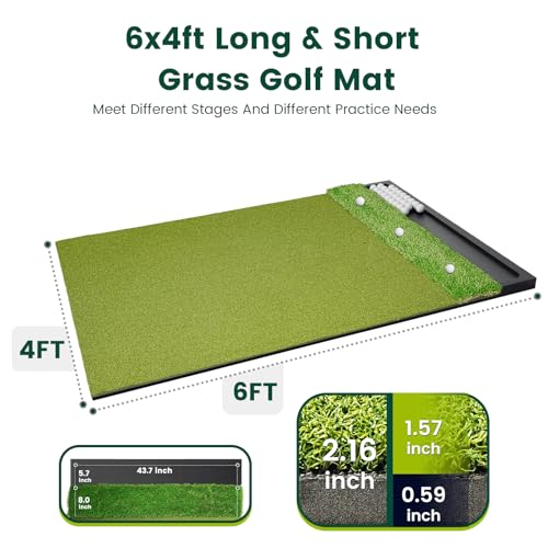 Image of Dual Turf Golf Hitting Mat with Ball Tray, Integrated Golf Practice Mat for Indoor & Outdoor Use Golf Training Mat with 3 Tees