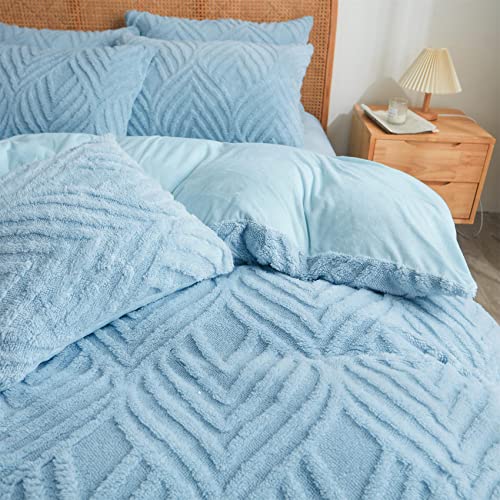 Blue Plush Comforter Cover Queen Size ，Fluffy Tufted Bedding 3Pcs Set（1 Queen Size Fuzzy Duvet Cover + 2 Fur Pillow Cases ） Faux Fur Luxury Bed Set (Blue, Queen) #TOP4