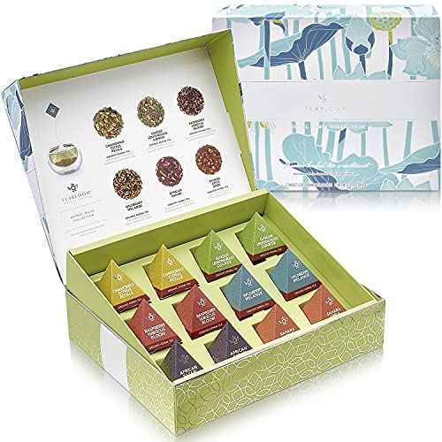 Teabloom Organic Herbal Oasis Pyramid Tea Presentation Box, 12 Assorted Herbal Tea Blends, USDA Certified Organic Whole-Leaf Pyramid Tea Sachets