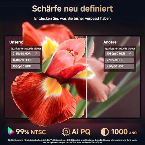 4K Smart Beamer kompatibel mit Netflix-App, Kinoähnlichem Sound & HDR | KOGATA Auto-Fokus, 6D Keystone, WiFi 6 & Bluetooth | Heimkino Projektor für Garten & Streaming ohne TV-Stick