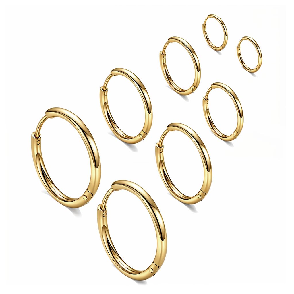 SANNIDHI® 4 Pairs Hoops Earrings for Women Men Stylish Gold Stainless Steel Hoop Earrings 8mm/10mm/12mm/14mm Hoop Ear Rings Fashion Couple Jewellery Earrings set Birthday Gift for Men Women Girls
