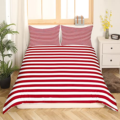 Erosebridal Girl Stripe Duvet Cover King Size Red White Ticking Stripes Bedding Set Bedroom Decor Horizontal Striped Lines Comforter Cover for Kids Women Modern Abstract Quilt Cover