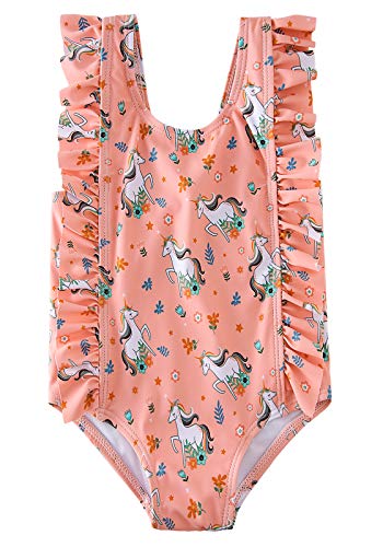RAISEVERN Baby Girls Swimsuit Ruffles Unicorn Bathing Suits Cute Cartoon Flowers Print Beach Sport Pink Summer One Piece Swimwear Backless Quick-Dry Swimming Bodysuit for 4t 5t Little Girl