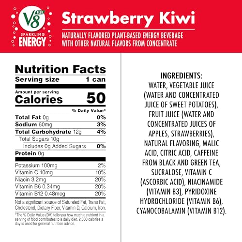 Image of V8 +SPARKLING ENERGY Strawberry Kiwi Energy Drink, Made With Real Vegetable And Fruit Juices, 11.5 FL OZ Can (Pack Of 12)