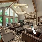Modern LED Glam Chanderlier for Dining Living Room, Crystal Dimmable Lighting Fixture Adjust Hanging Pendant Lighting for Sloped Ceiling Installed, 23.6+31.4 inch Width Ring Light