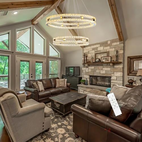 Modern LED Glam Chanderlier for Dining Living Room, Crystal Dimmable Lighting Fixture Adjust Hanging Pendant Lighting for Sloped Ceiling Installed, 23.6+31.4 inch Width Ring Light