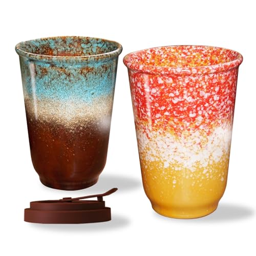 Image of ganfaner 390ml Travel Coffee Mug with Lids, 2 PCS Ceramic Coffee Cups Heat Resist w/Sleeve, Attractive Coffee Mugs for Hot Cold Fit Car Holder, Microwave Dishwasher Safe for Office Home (Orange Blue)