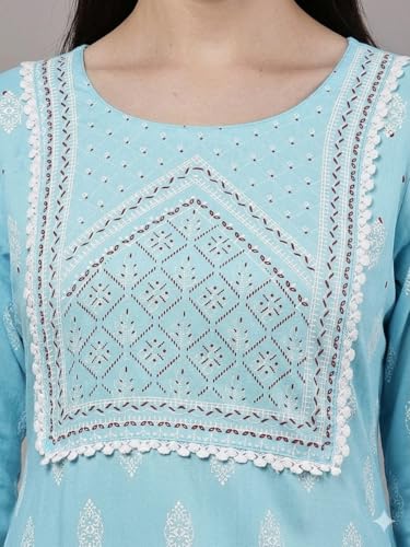 Image of Women's Pink Printed Short Kurti with Lace Trim, 3 /4 Sleeves, Ethnic Indian Style Top