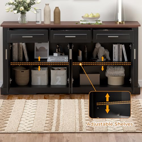 KEIKI 63" Fluted Sideboard Buffet Cabinet with Storage – 4 Doors, 3 Drawers, Adjustable Shelves, Kitchen Buffet, Cabinet for Dishes, Kitchen Console Cabinet, Black