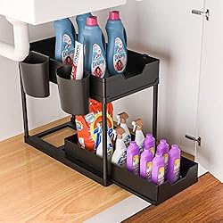 zzolee - Organizador Bajo Fregadero 2 Niveles, Organizador Debajo Fregadero Cocina con 4 Ganchos y 2 Tazas Colgantes, Estante Almacenamiento Debajo Fregadero para Cocina, Baño, Armario, Mesa (style 1)