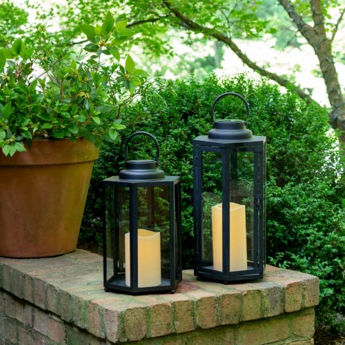 Large Outdoor Lantern For Patio - 14 Inch, Black Metal & Glass, Waterproof Pillar Candle, Dusk To Dawn Timer - Solar Powered Battery Included #TOP4