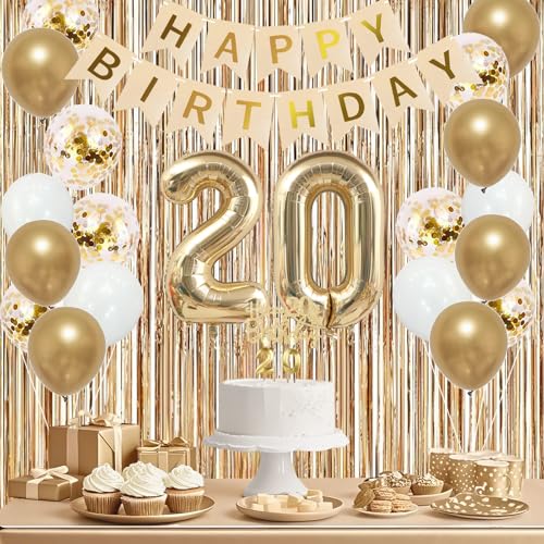 Image of Trgowaul Happy 20th Birthday Decorations for Girls, Banner, Sash and Crown, Cake Topper, 20 Number Balloon, Fringe Curtains, Champagne Gold 20th Birthday Party Supplies