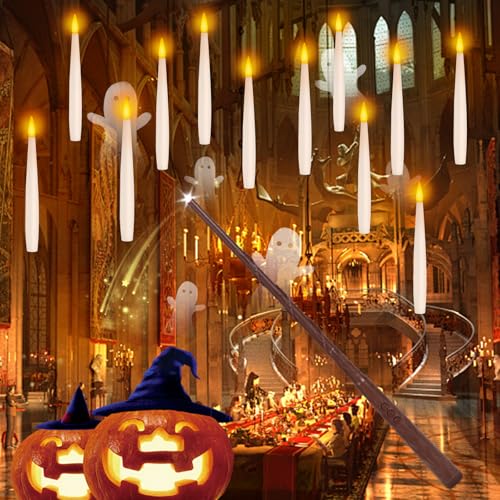 Image of NURADA Floating Candles with Wand Remote Timer - Magic LED Hanging Flameless Taper Candles Flickering Battery Operated for Birthday Theme Party Halloween Home Window Decor - White 12 Pack