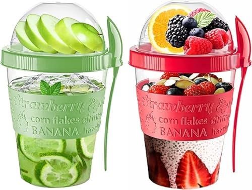 Pro Home 2-Set Yoghurt Pots 600ml With Lid & Spoon Airtight Dishwasher Safe BPA Free Muesli Cups Overnight Oats Jar Storage On The Go Yogurt Cup Cereal Container (Red & Green)