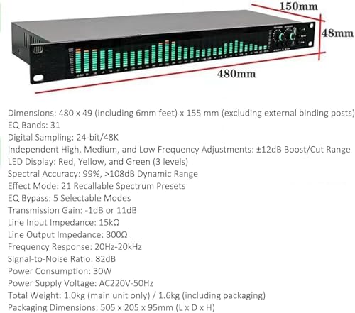 Ecualizador Digital de 31 Bandas, Procesador de Audio Profesional, Ecualizador Gráfico Estéreo con Pantalla de Espectro Luminosa, Ajuste de Graves/Medios/Agudos, para Estudio de Grabación miniatura 5