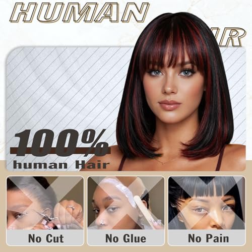 Image of Farblick Burgundy Bob Wig Human Hair With Bangs Wear and Go Glueless Wig Human Hair 12inch Straight Wig 180% Density Black with Red Wig With Bangs for Women
