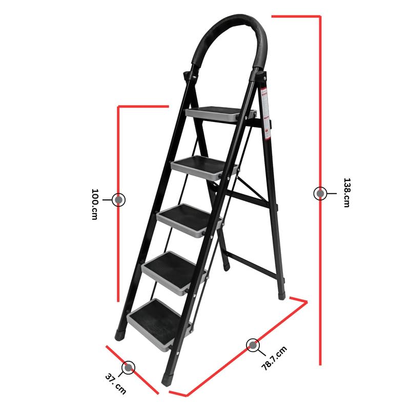 Image of TNT The Next Trend 5 Step Steel Step-Ladder for Home | Heavy Duty Foldable Ladder with Wide Ant-Slip Steps and Anti-Skid Shoes - Black