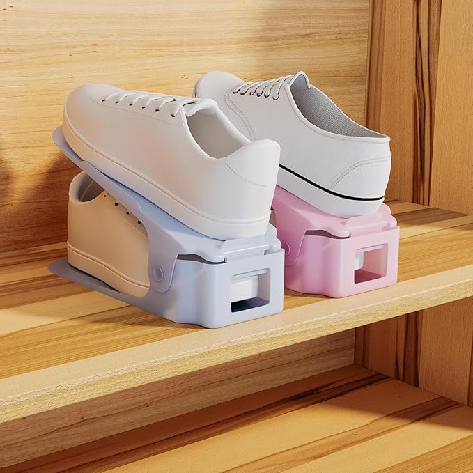 Image of Double Deck Shoe Organizer | Adjustable Height 8-15 cm Plastic Shoe Slots Space Saver | Shoe Holder Stand for Wardrobe, Closet & Shoe Rack Storage (25 x 9.8 cm, Pack of 2)