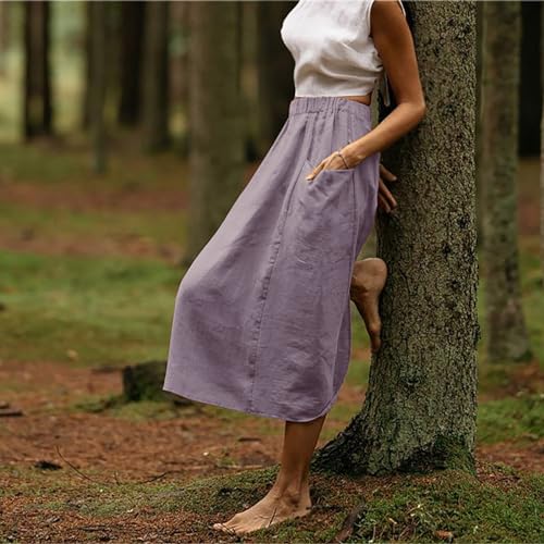 Women's Linen Midi Skirt Summer Cotton Pleated Flowy Elastic High Waisted Skirts Casual Loose Skirt with Pockets4