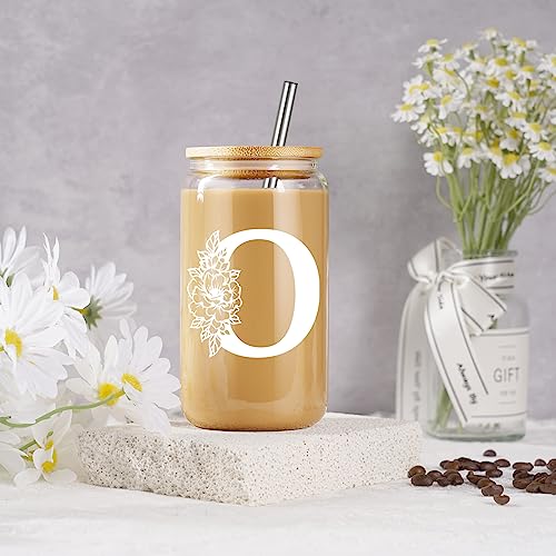 Image of Coolife Initial Glass Cup, Monogrammed Gifts for Women, 16 oz Tumbler w /Lid | Iced Coffee Smoothie Beer Tumbler w /Straw Lid - Personalized Christmas, Birthday Gifts for Woman Her Mom Friend